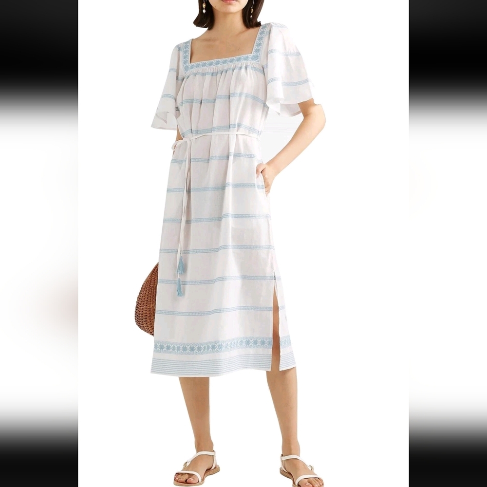 Tory Burch White and Light Blue Embroidered Linen Dress Sz S XS